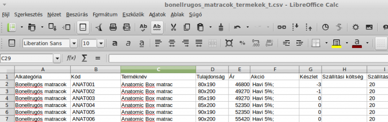 A termékek adatainak (CSV fájl) megjelenítése táblázatkezelőben.