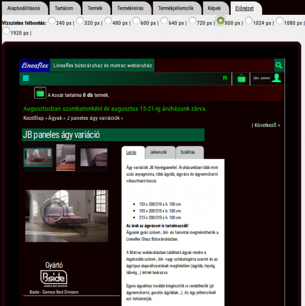 A W3 Pláza webáruház szerkesztett oldalának előnézete.
